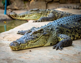 Two large crocodiles resting on a stone surface near water, one in focus and the other in the background