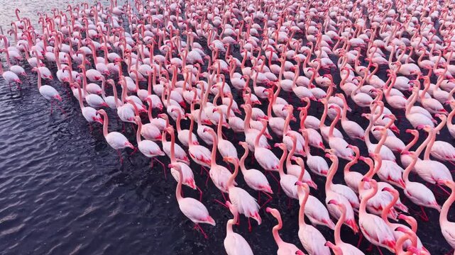 Flamingos fill the tranquil waters under the soft glow of dawn, their pink feathers creating a stunning contrast against the dark blue surface, as they gather and mingle gracefully.
