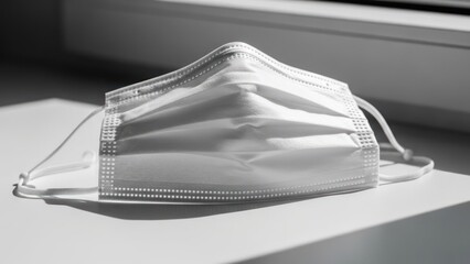 A white face covering, pleated, with ear loops, rests on a bright windowsill