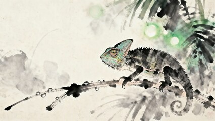 Vibrant Chameleon Watercolor: A Tropical Art Showcase of Nature's Wildlife, Featuring Lush Flora and Fauna