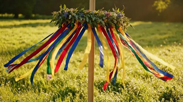 Maypole adorned with flowers and colorful ribbons in a sunlit meadow
