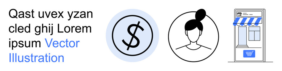 Obraz premium Business, e-commerce, financial services, user profiles, retail, transactions. A dollar sign, person icon and storefront. Business and e-commerce concepts illustrated with clear graphic elements