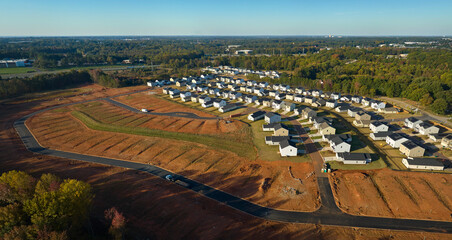 View from above of densely built residential houses under construction in south Carolina residential area. American dream homes as example of real estate development in US suburbs