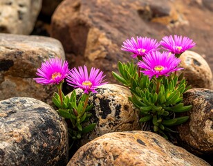 Vivid pink flowers bloom amongst smooth, speckled rocks in a rugged, natural setting, showcasing resilience