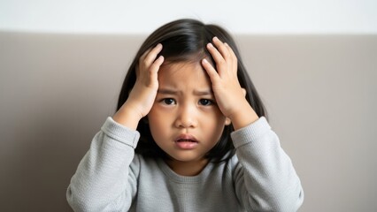 A young child with hands on their head, looking worried and distressed