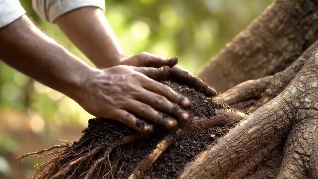 A close-up shot captures human hands carefully tending to the exposed roots and base of a large, textured tree, gently working rich, dark soil around its foundation. The scene is bathed in natural, wa
