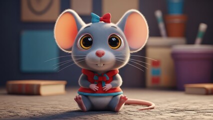 Adorable cartoon mouse with big eyes, bow, and red shirt, soft lighting, playful pose