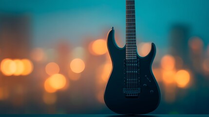 Naklejka premium A sleek black electric guitar stands prominently against a blurred city backdrop, illuminated by soft bokeh lights, suggesting a vibrant music scene.
