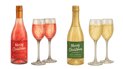 Festive Christmas Sparkling Wine and Champagne Illustration Set with Merry Christmas Labels, Watercolor Style Celebration Drinks on White Background