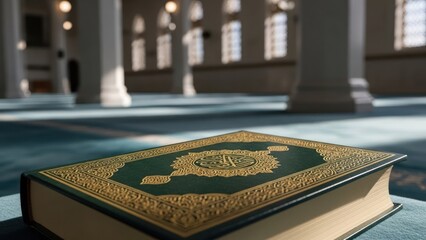 An ornate book rests on a carpeted floor, interior of a grand building
