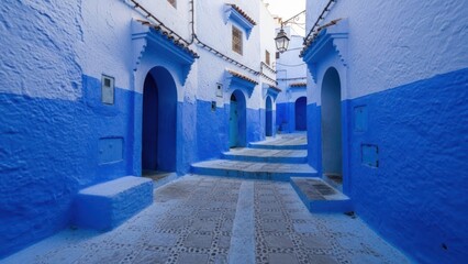 Alleyway in a city, vibrant blue buildings and doors, stone pathway