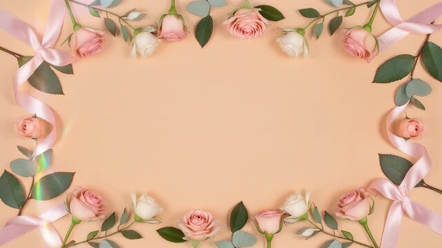 Delicate Floral Frame with Roses and Ribbons on Soft Peach Background