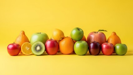 Assorted vibrant fruits in a row against a sunny yellow background