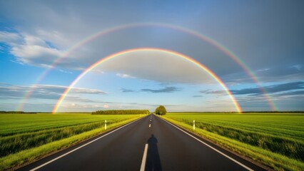 Asphalt road stretches to horizon beneath a double rainbow over verdant fields