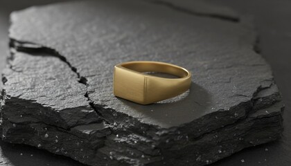 Close-up shot of a gold ring on a dark gray slate rock with a rough texture and cracked surface.