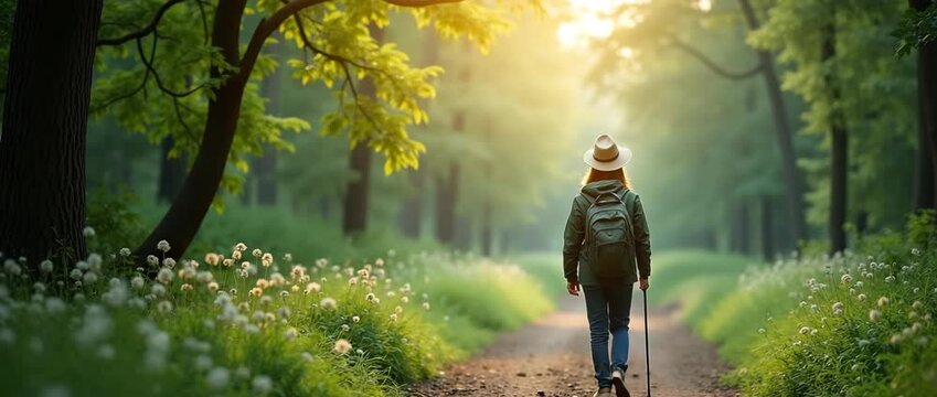 A lone traveler walks through a serene forest path as the camera gently pans, capturing morning light streaming through lush green trees in a cinematic, tranquil ambiance.