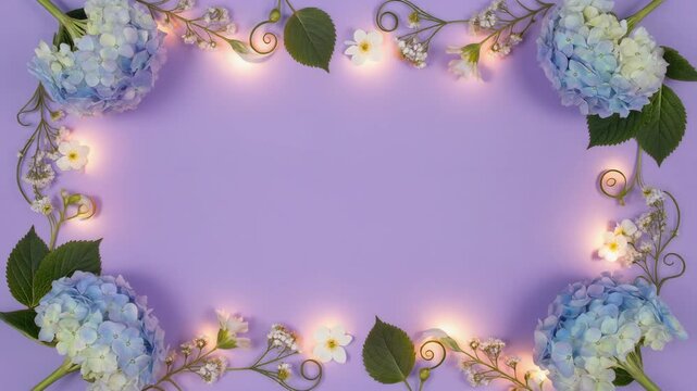 Floral frame with blue hydrangeas and white flowers on purple background with glowing lights