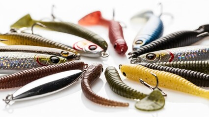Assortment of colorful, realistic lures arranged in a circle on a white background