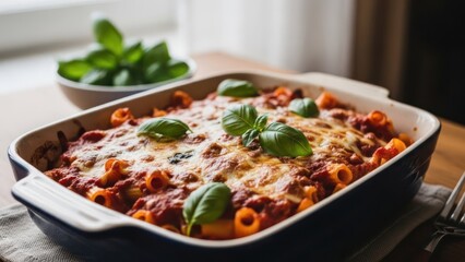 Baked rigatoni pasta dish, topped with cheese and basil, with a bowl of basil