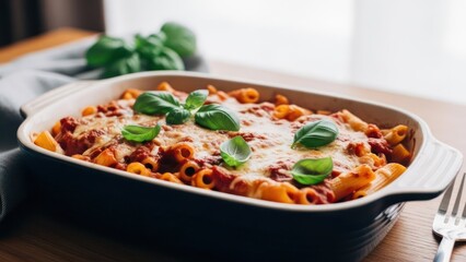 Baked rigatoni pasta dish, topped with cheese and fresh basil, ready to eat