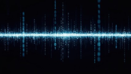 Blue digital data streams as binary code emanate from a central line, on black background