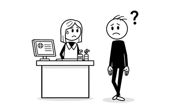 Confused Stickman Character Questions Retail Worker at Checkout Counter With Computer Display and Products in Simple Black and White Cartoon Style Isolated on