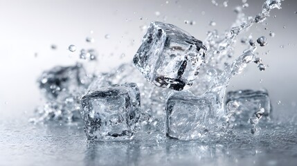 Crystal-Clear Ice Cubes Splashing in Water on a Reflective Surface