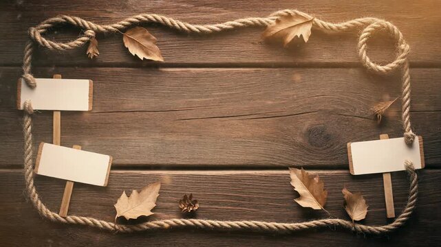 Rustic wooden background with rope frame and autumn leaves, perfect for seasonal designs