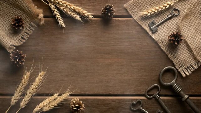 Rustic wooden background with vintage keys and natural elements