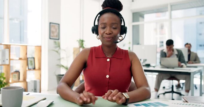 Call center, face and woman with headset, happy and telemarketing for sales, talk or lead generation. Salesperson, consultation and communication with contact for offer, pov and discussion with mic