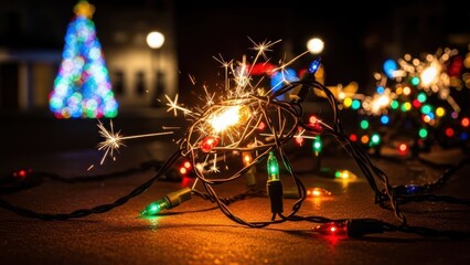 Christmas lights with a lit sparkler in foreground, tree and city lights blurred