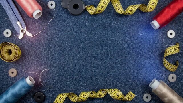 Sewing and Tailoring Tools on Denim Background with Thread Spindles and Measuring Tape