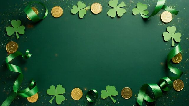 St. Patrick's Day festive green background with shamrocks, ribbons, and gold coins