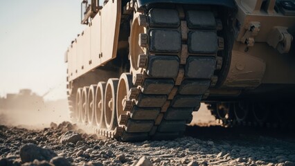 Close-up of a tank's track system on rough terrain, kicked-up dust visible