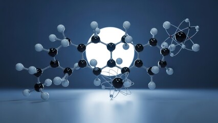 3D-rendered molecular structure with spherical atoms & orbital rings against glowing sphere background