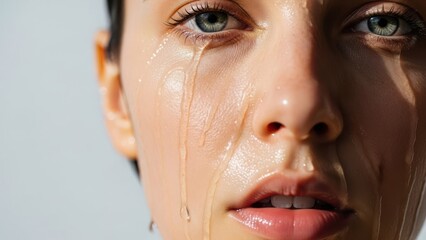 Close-up of a woman's face with water droplets cascading down, a sunny highlight