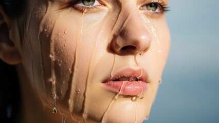 Close-up of a woman's face with water cascading down, reflecting light