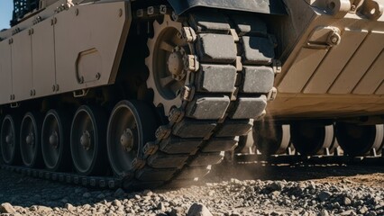 Close-up of a tank's treads and wheels on a gravelly surface, showing detail