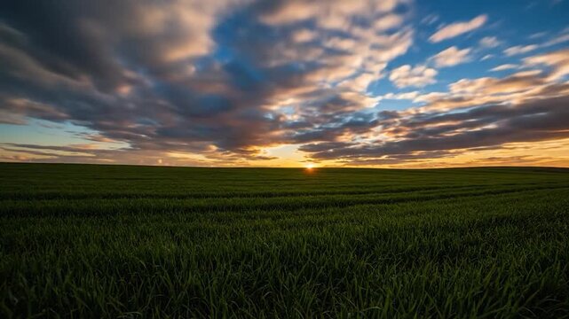 Vast green field of young crops under a dynamic, long-exposure sky at sunset