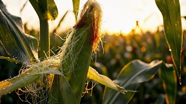 Close-up of corn cob with silky threads illuminated by sunset sunlight at