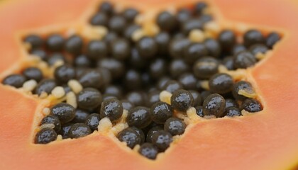 Close-up of a papaya's star-shaped cavity filled with black seeds on a blurred orange background.
