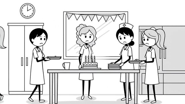 Nurses Celebrate Birthday With Cake And Gifts In Hospital Break Room Black And White Cartoon Style Simple Illustration Eye Level View