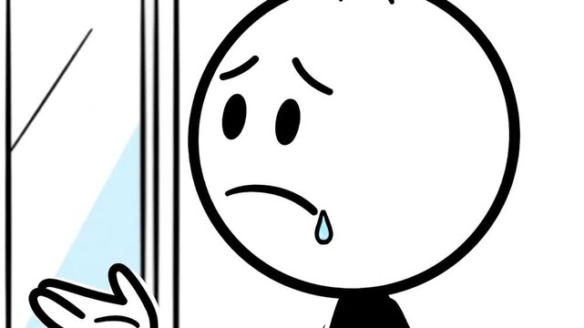 Sad Stickman Crying Looking Through Window With White Background Isolated Simple Animation
