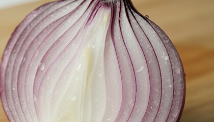 Close-up of a halved red onion on a wooden surface, showcasing its concentric rings and purple edges with water droplets.
