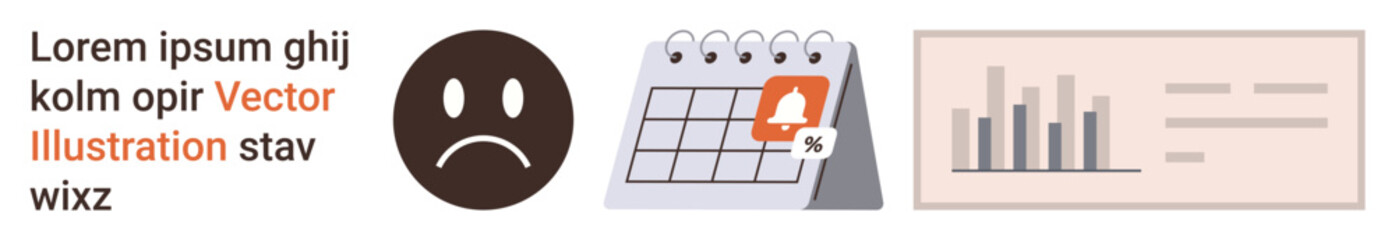 Fototapeta premium Task management, productivity tracking, schedule planning, emotional feedback, business analysis, reminders. Sad face, calendar alert bar chart. Task management and productivity tracking concept