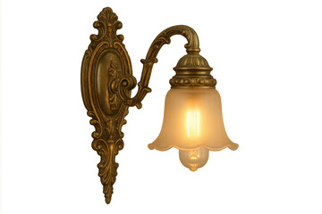 Ornate antique bronze wall sconce lamp with glowing light bulb, vintage interior lighting fixture