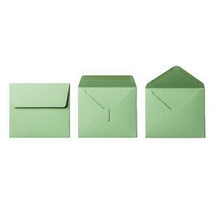 Three green envelopes in different styles isolated on transparent background