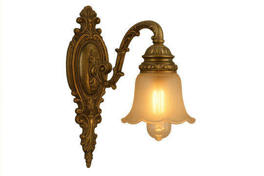 Ornate antique bronze wall sconce lamp with glowing light bulb, vintage interior lighting fixture