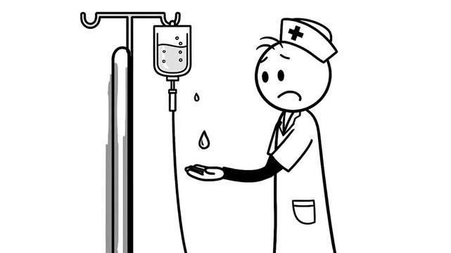 Sad Stickman Nurse Holds Out Hand Receiving IV Drip Drop Isolated on White Background Minimalist Cartoon Style