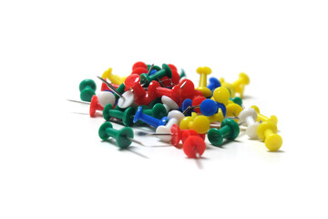 Colorful Plastic Push Pins and Thumbtacks Isolated on White Background